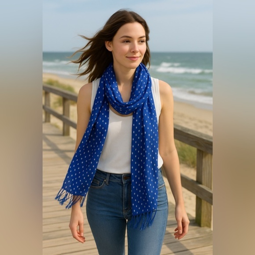 Coastal Scarf Blue White Dot Contemporary Nautical Isaac Mizrahi EUC 30" X 83"